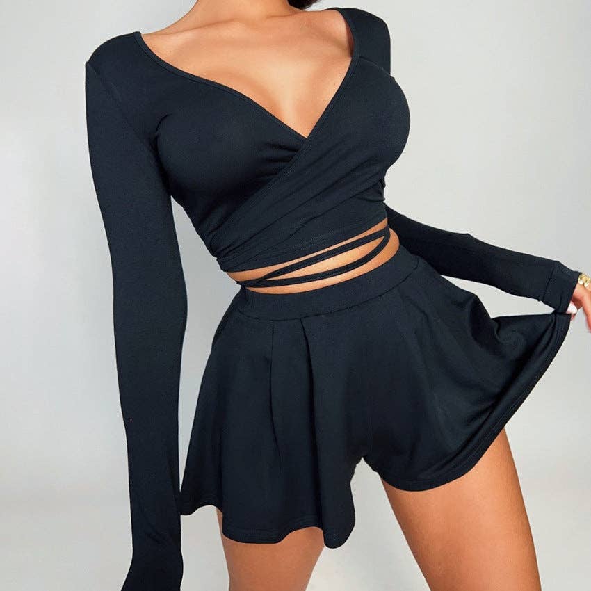 Sweetkama - Wholesale Top & Short Set (NOT Loungewear) - Women's - Sweetkama Deep V-Neck  Short Top Loose Shorts Ladies Set2