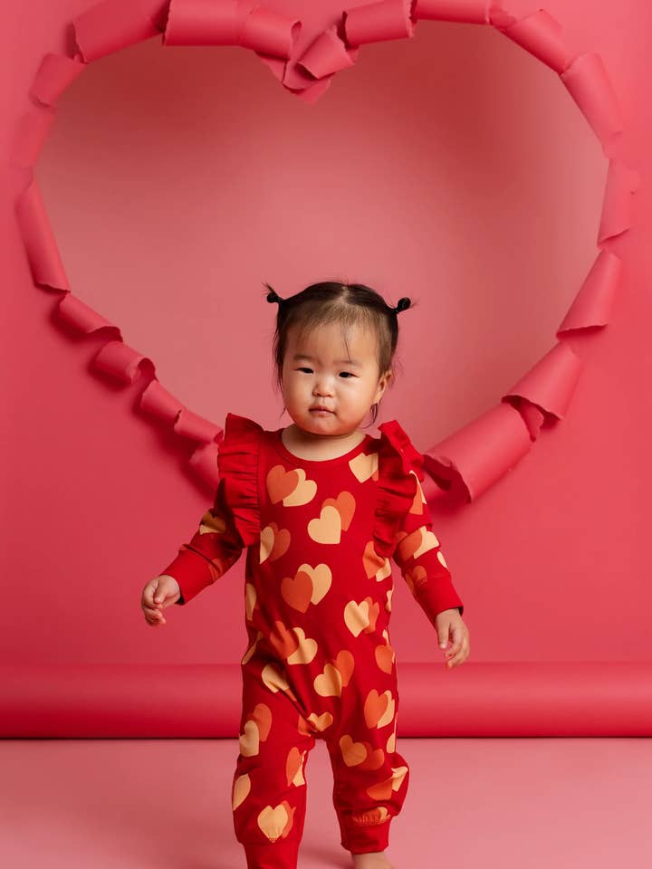 Valentine's Day Double Ruffle Romper_Flutter Hearts for wholesale by Monica + Andy