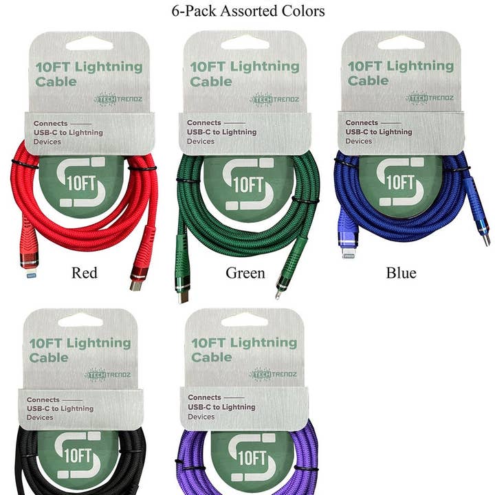 Paquete de 6 - Cables USBC a Lightning de 10 pies para venta al por mayor de Tech Trendz