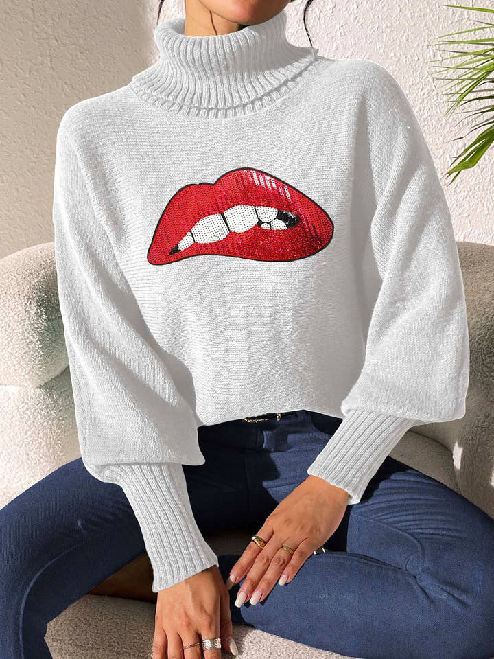 Sequin Embroidered Cartoon Lip Turtleneck Jumper for wholesale by Rosa Clothing