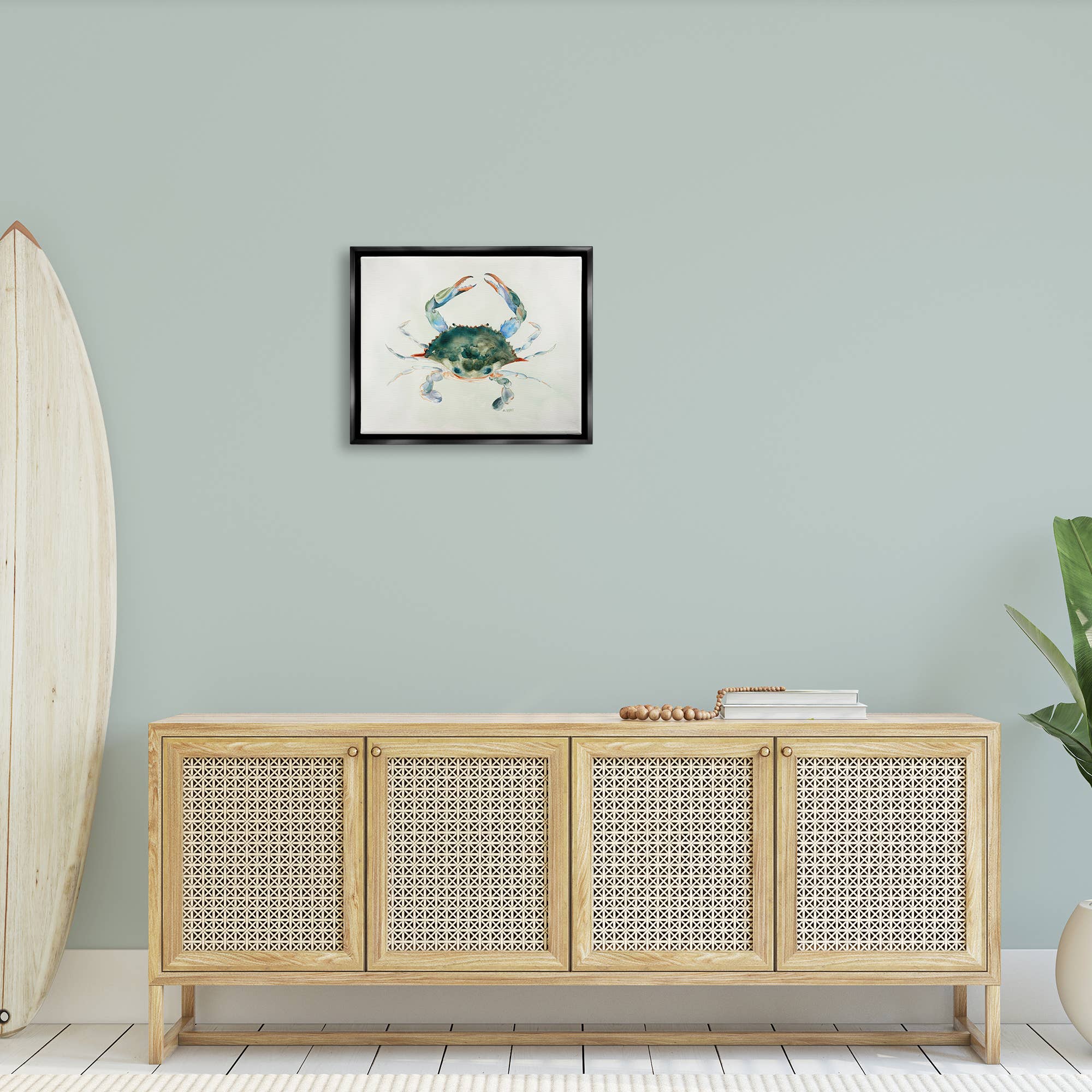 Stupell Industries – wholesale Konsttryck – Blå Havskrabba Över Beige Mjuka Akvareller flytande inramade1