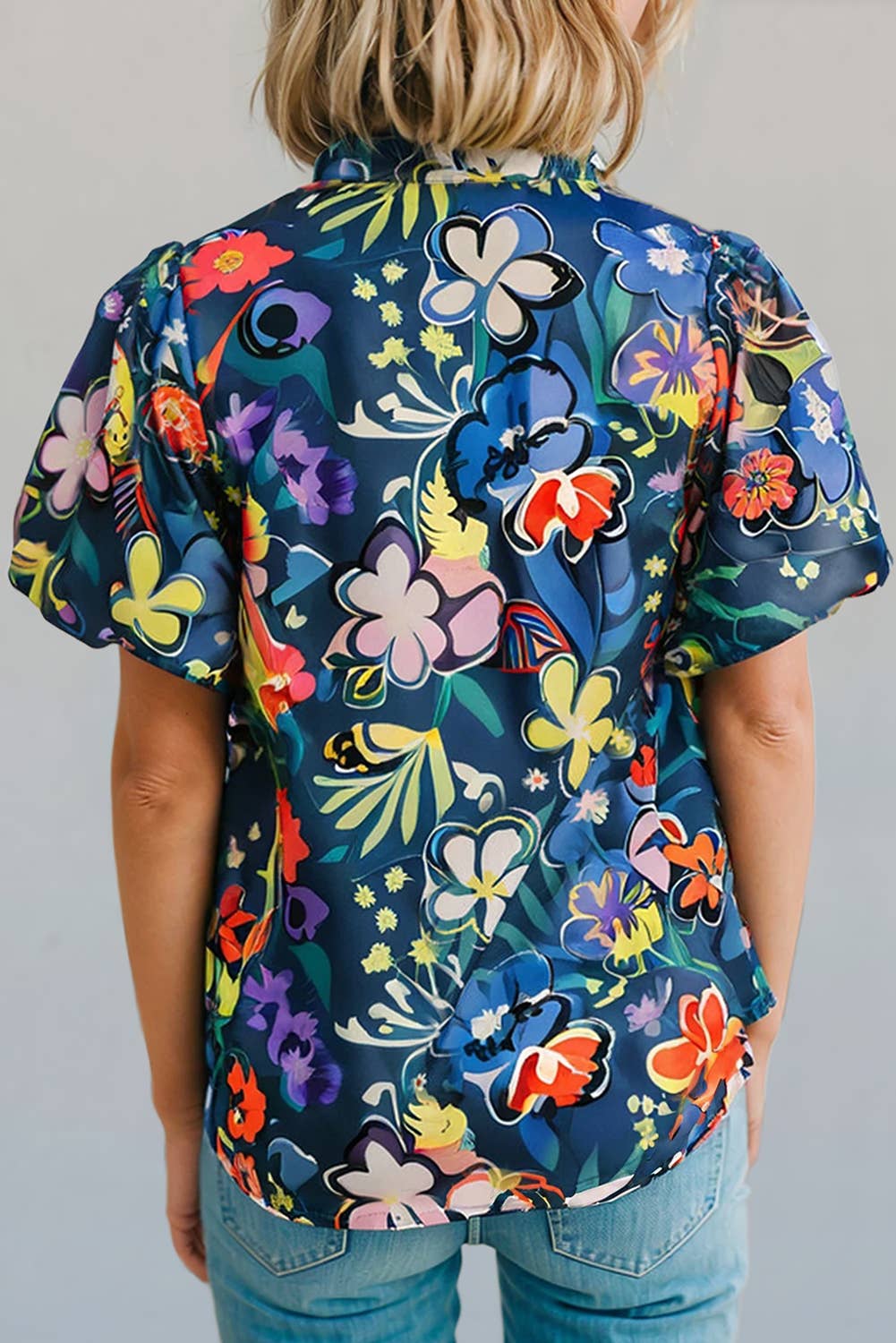 Comme indiqué Blouse ample à manches courtes bouffantes avec col imprimé fleuri | S-XL en vente sur Faire1