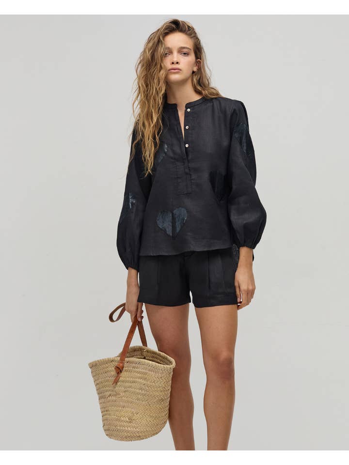 Cupid Linen Shirt - Black with Metallic Black Hearts for wholesale on Faire6