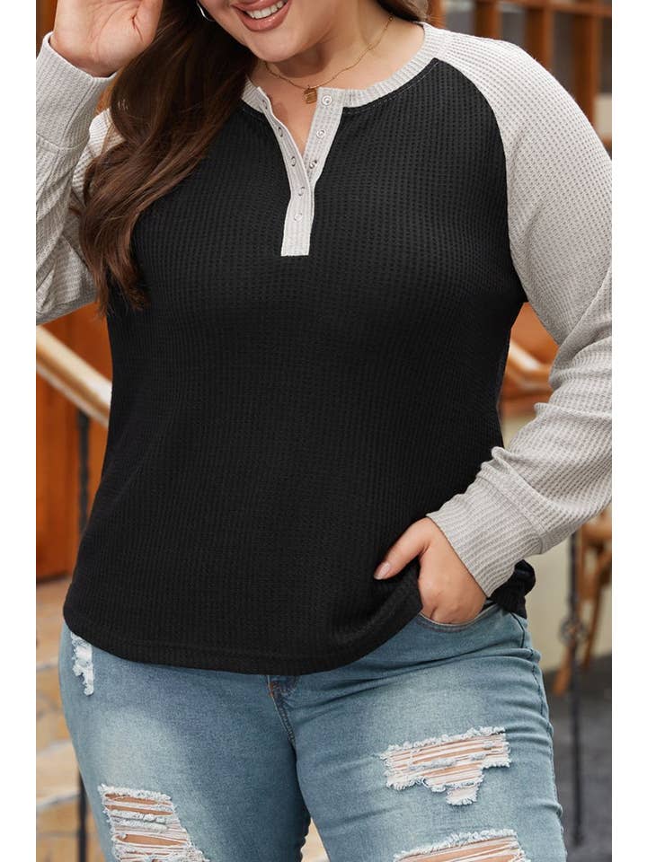 Black Plus Size Waffle Knit Buttoned Henley Top for wholesale on Faire