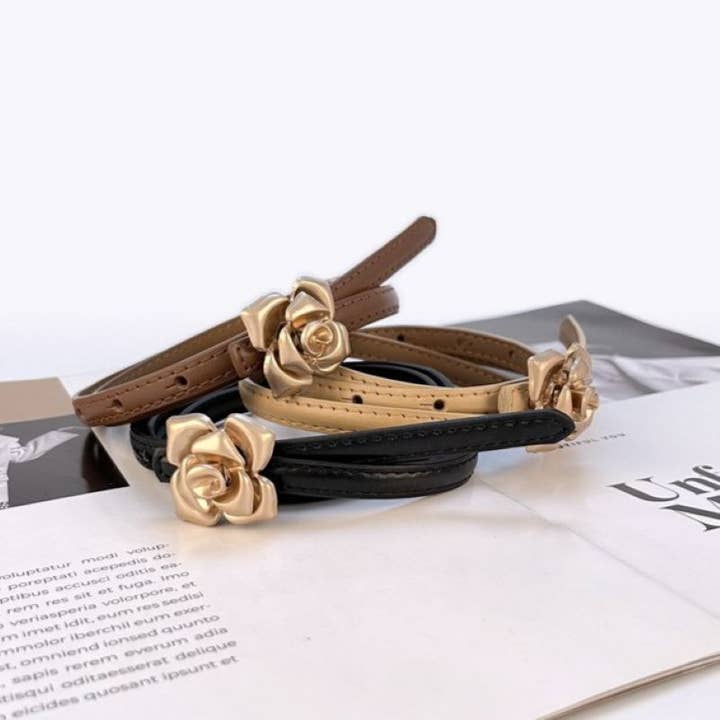 Gold Floral Buckle Skinny Belt for wholesale by PEACH ACCESSORIES