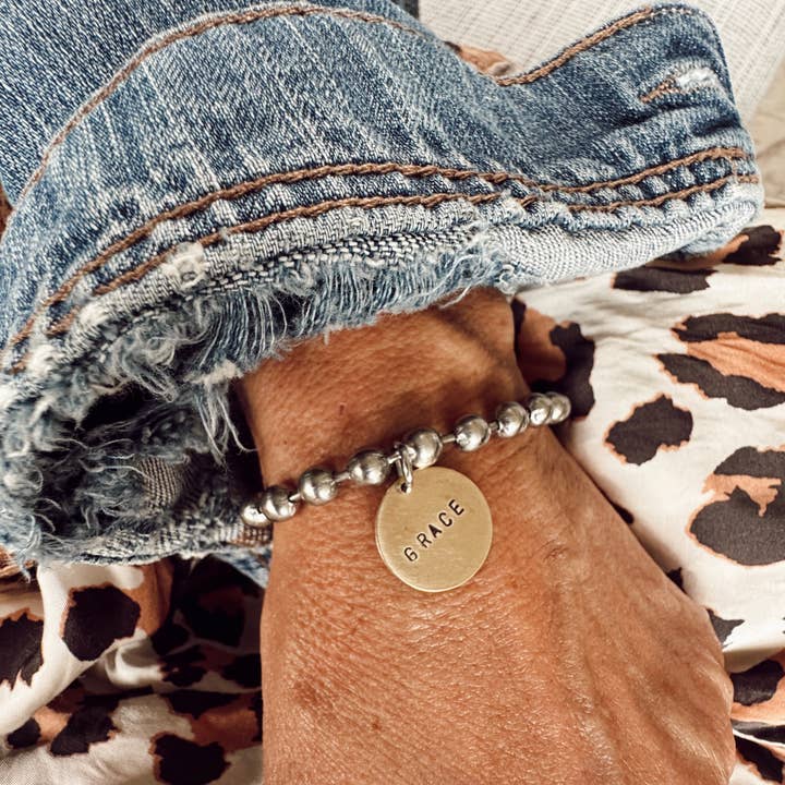 Hand Stamped Coin Bracelet = GRACE for wholesale by Sosobella Designs