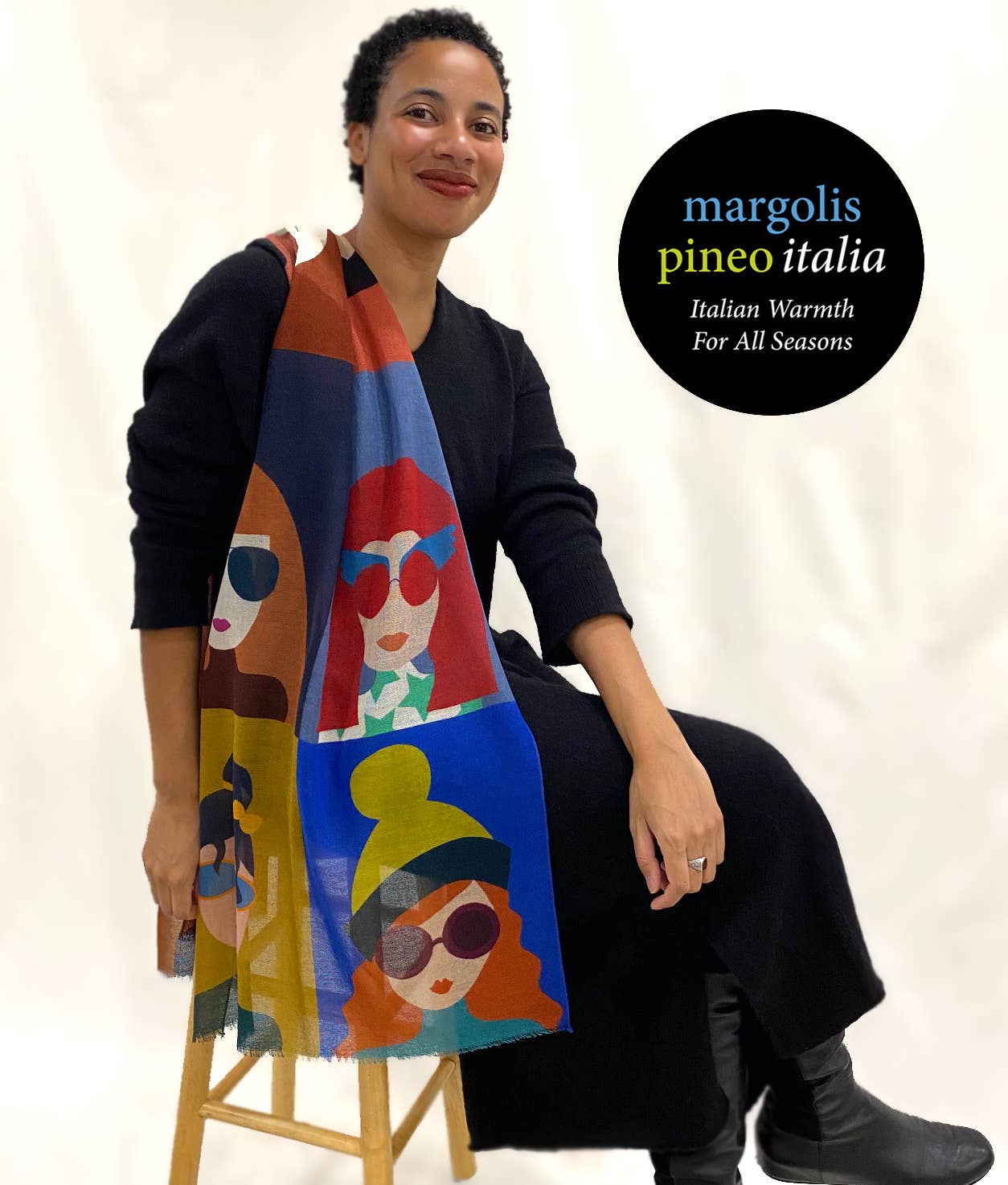 Margolis Pineo Italia - Wholesale Scarf - Women's -   RESTOCKED "GIRLS W/ GLASSES" ART SCARF—SOFT WOOL FLEECE 7