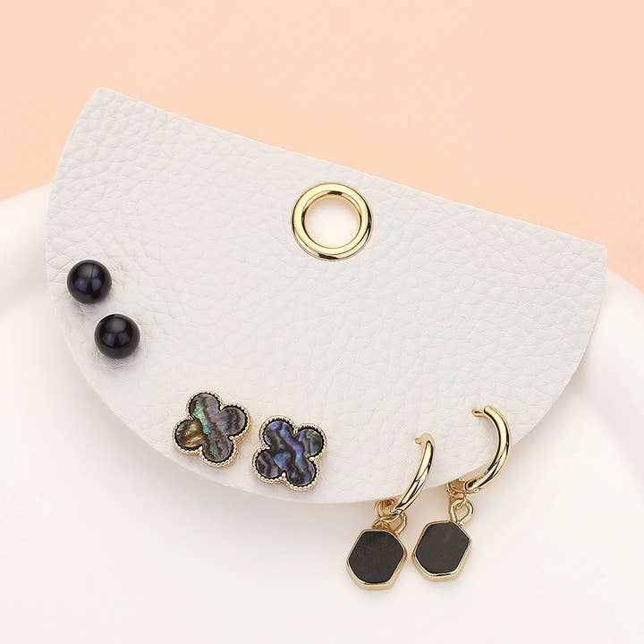 Sensibling Corp. - Wholesale Jewelry Set - 3Pairs - Quatrefoil Pearl Stud Natural Stone Dangle Earrings