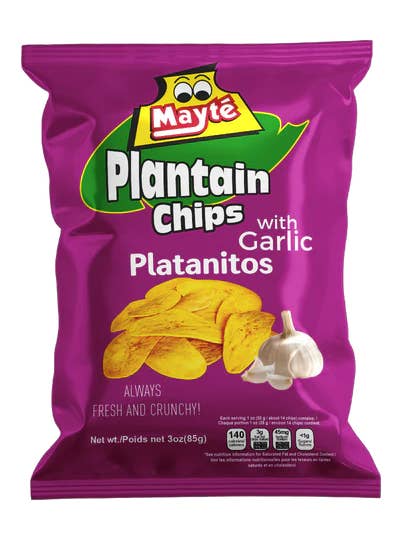 Chips de Plantain à l'Ail Mayté – Plantains Verts Croquants à Saveur d'Ail | Sans Gluten, Non-OGM, Sac de 85 g pour la vente par Fiesta Snacks