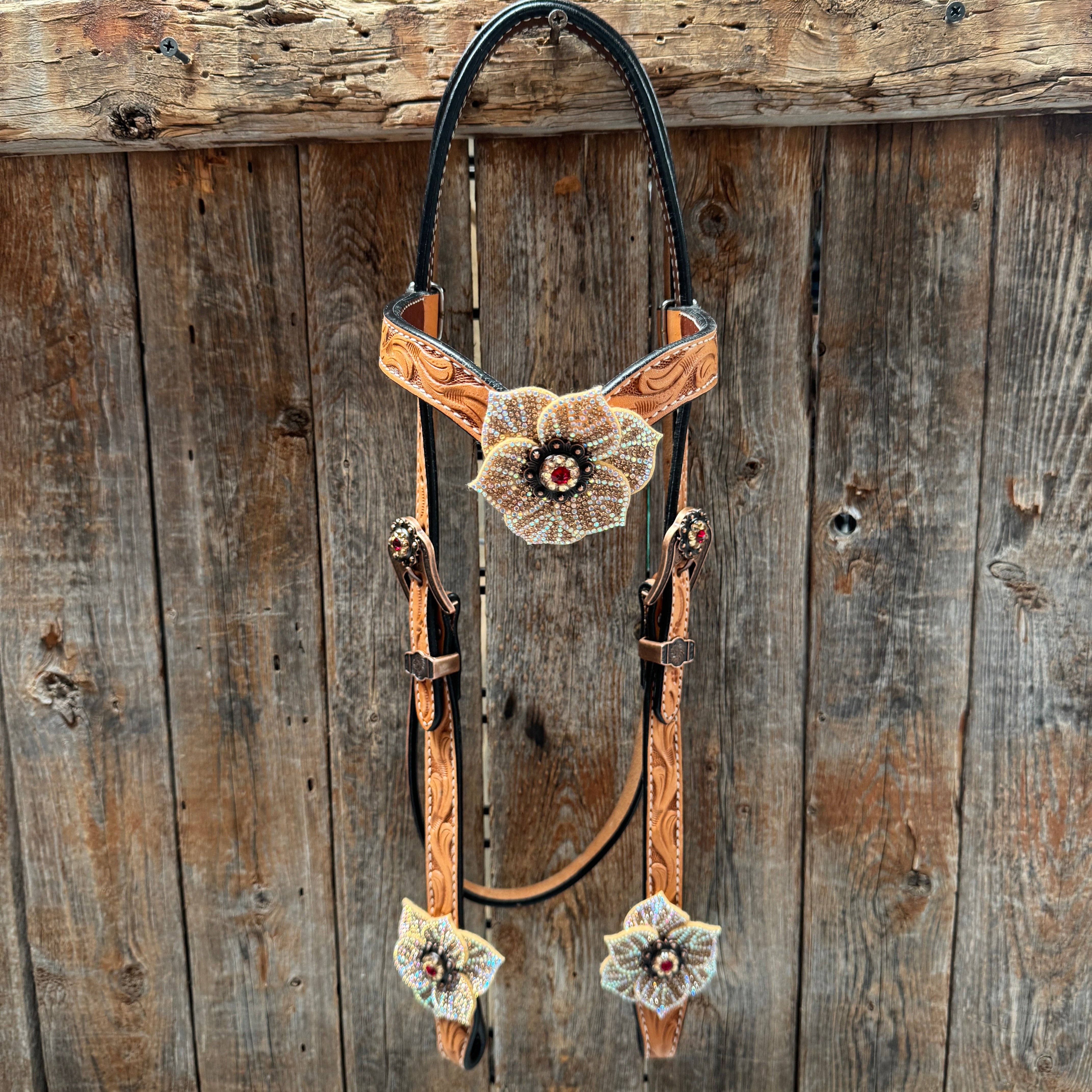 Rodeo Drive - Wholesale Horseback Riding Gear - Light Oil Floral Tooled Ruby and Champagne Browband & Breastcollar Tack Set #BBBC4611
