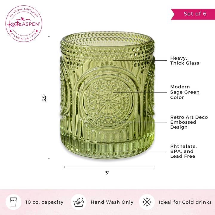 Kate Aspen - Wholesale Drinking glass/cup - 10 oz. Ribbed Retro Arch Floral Green Drinking Glasses (Set5