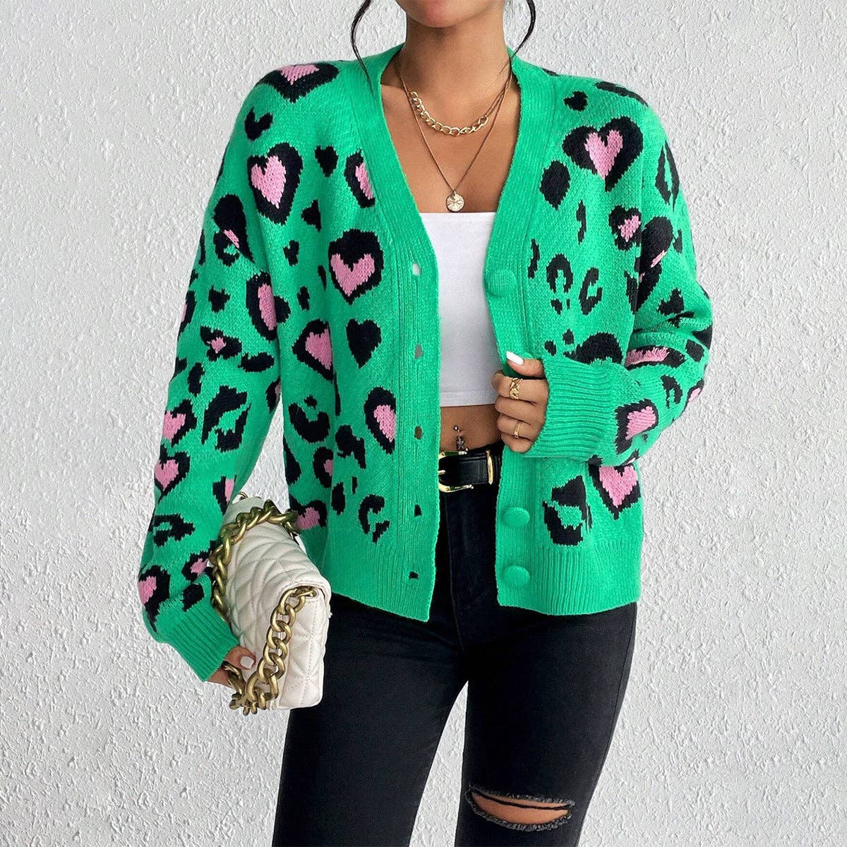 Green Women's V-neck Jacquard Knit Cardigan Sweater Coat for wholesale on Faire5