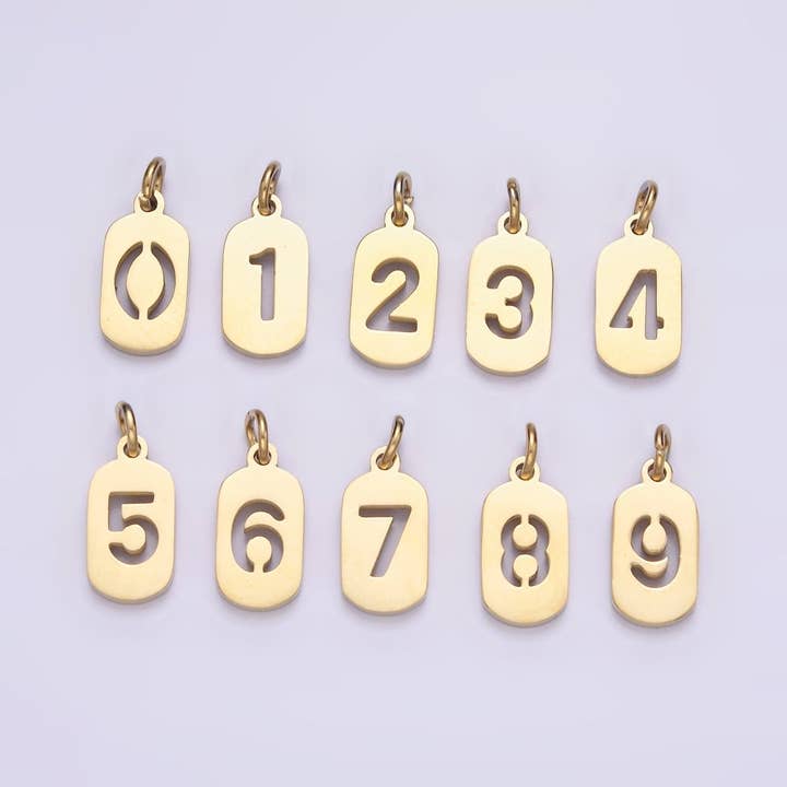 Stainless Steel 13.5mm Number 0-9 Open Script Mini Tag Add-On Gold Charm P-591-P-600 for wholesale by Aim Eternal