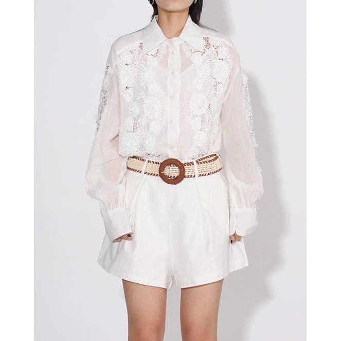 Sheer lace button up blouse and high waisted tailored shorts for wholesale by Mapcie