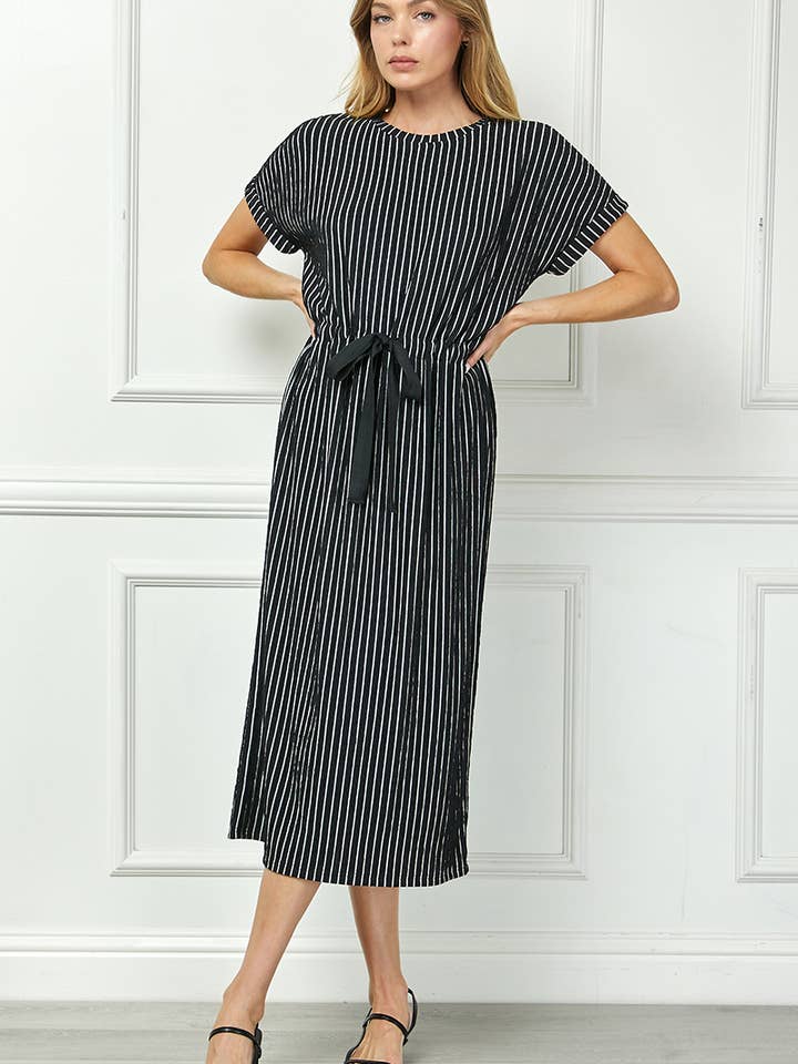 D5917 Striped Midi Dress with Drawstring Waist for wholesale by See and Be Seen