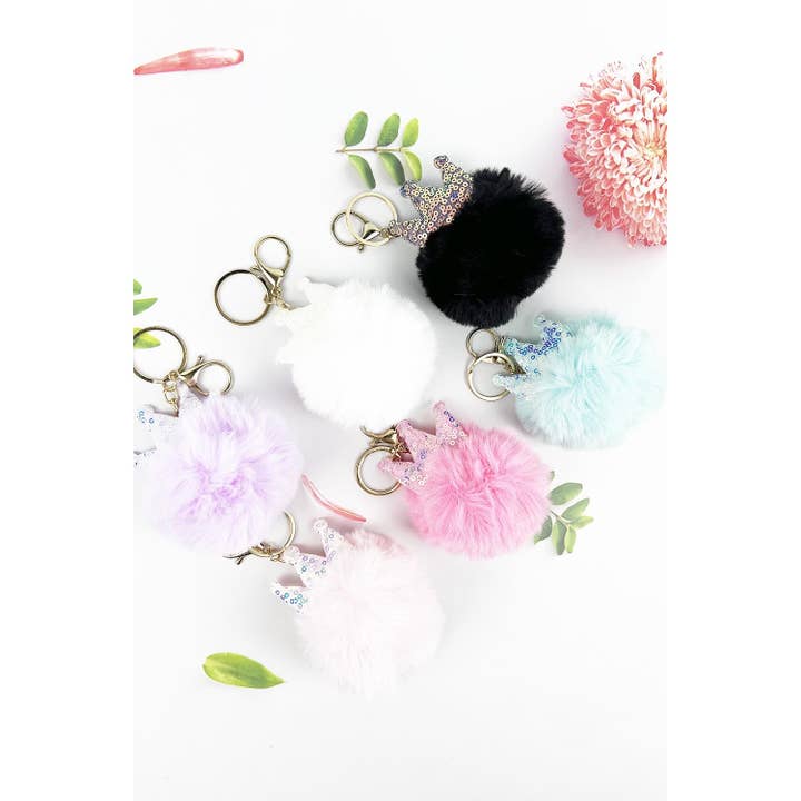 ASSORTED VARIETY COLOR CROWN POMPOM KEYCHAIN for wholesale on Faire