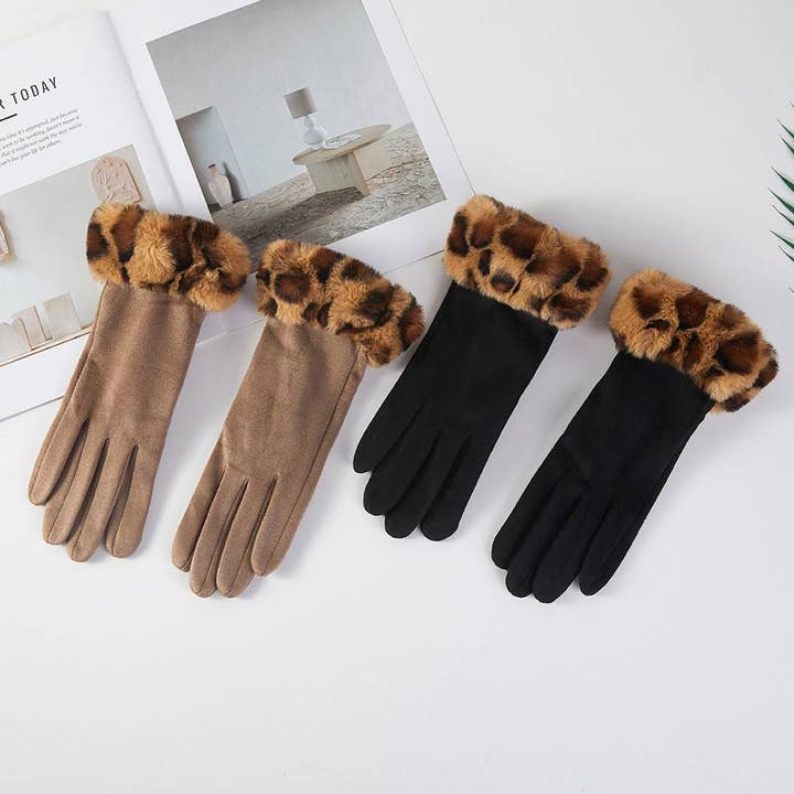 Leopard-Kunstpelz-Handgelenkbesatz Smart-Touch-Winterhandschuhe für den Großhandel von Sensibling Corp.