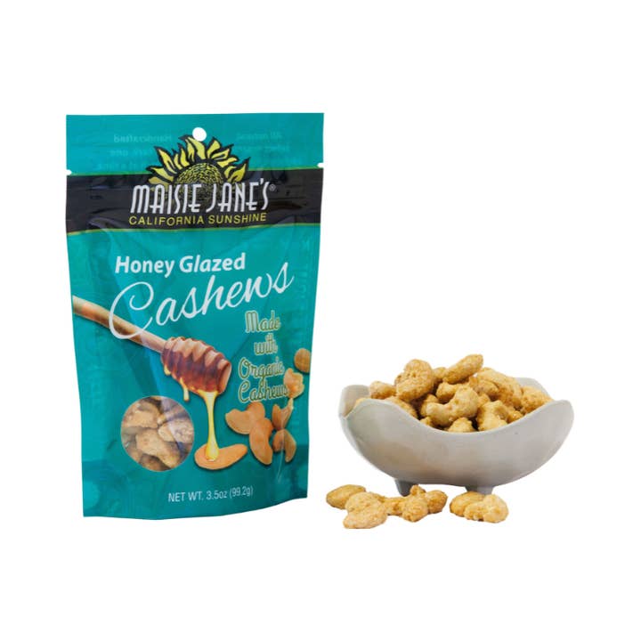 Honey Glazed Cashews made w/ Organic Cashews 3.5 oz for wholesale by Maisie Jane’s