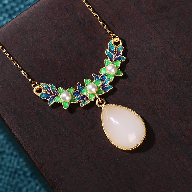 Bright MacMing - Wholesale Pendant/Charm Necklace - Green Enamel Leaves White Jade Necklace1