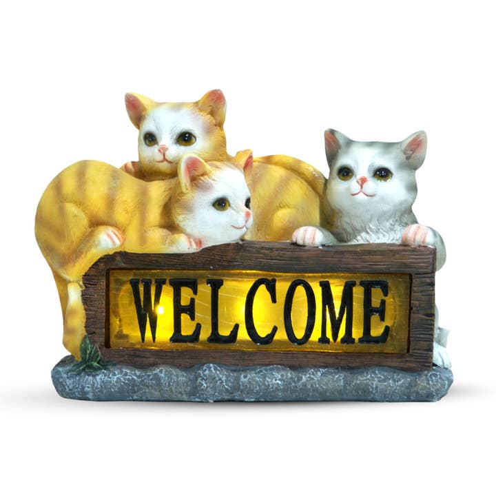 Accent Collection – wholesale Outdoor ornament/decor – Cute Yellow Solar Cat Garden Statue With Lit Welcome Sign