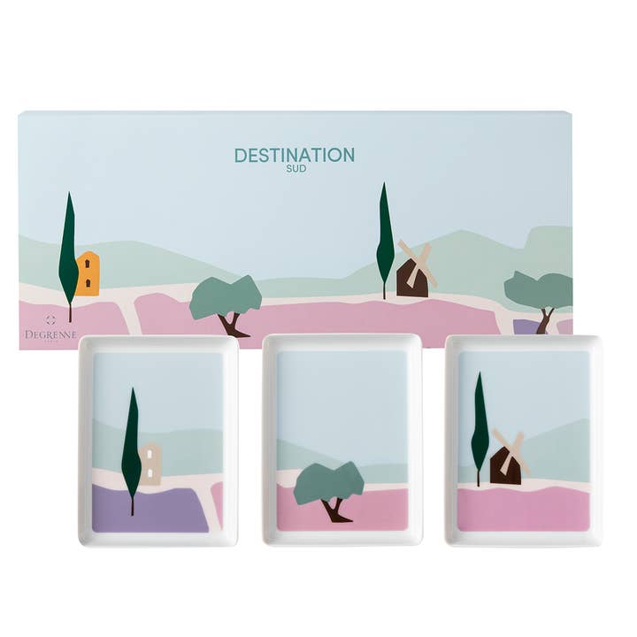 DESTINATION SUD - Coffret cadeau 3 petites assiettes/plateaux rectangulaires pour la vente par Degrenne Paris
