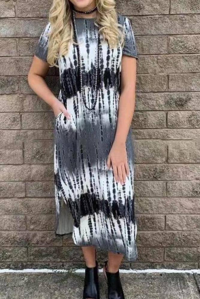Tie Dyed Short Sleeve Long Loose Dress DRSW617
