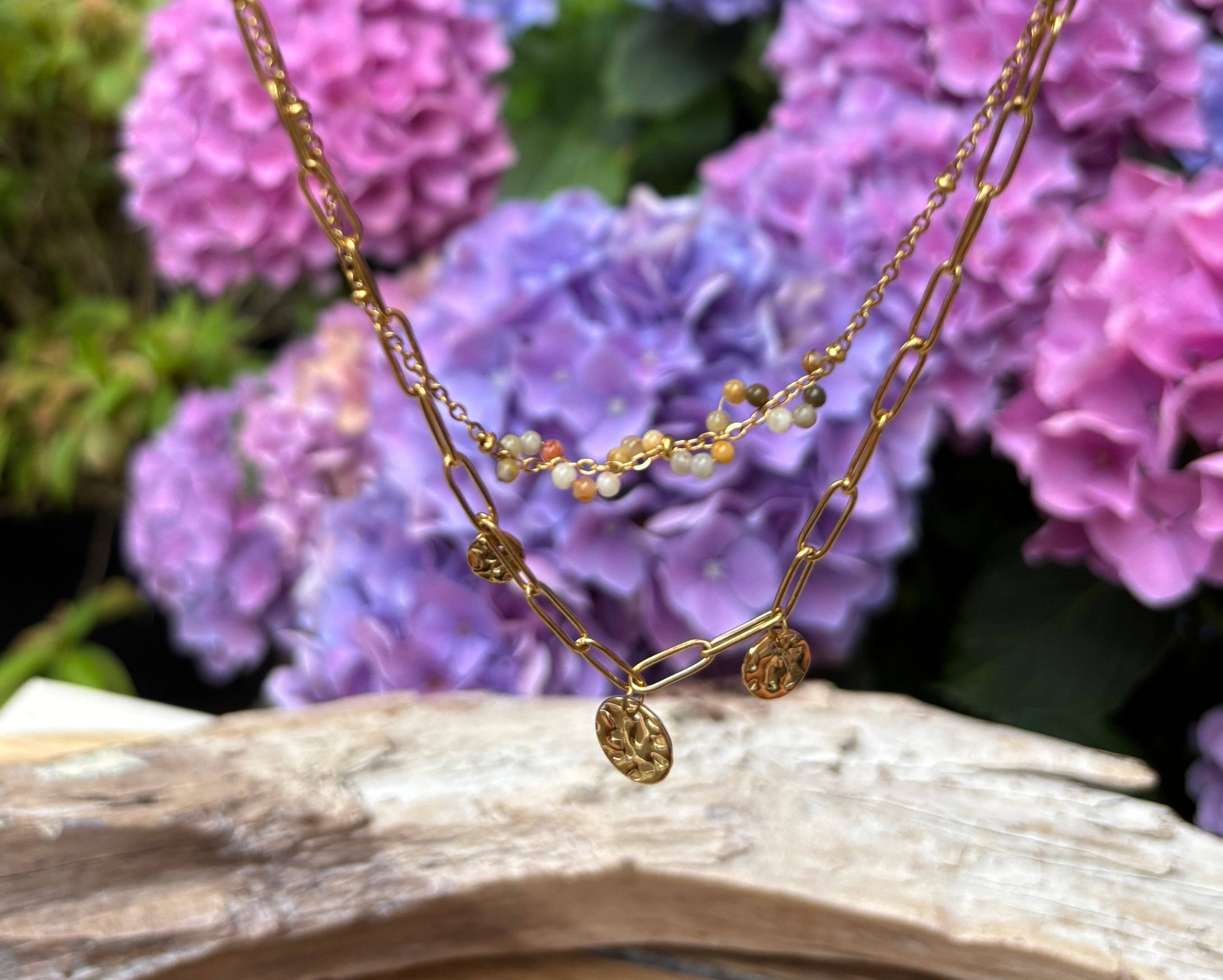 Ocean Ripples - Wholesale Pendant/Charm Necklace - 18ct Gold Plated Tourmaline Beads Double Chain Necklace2