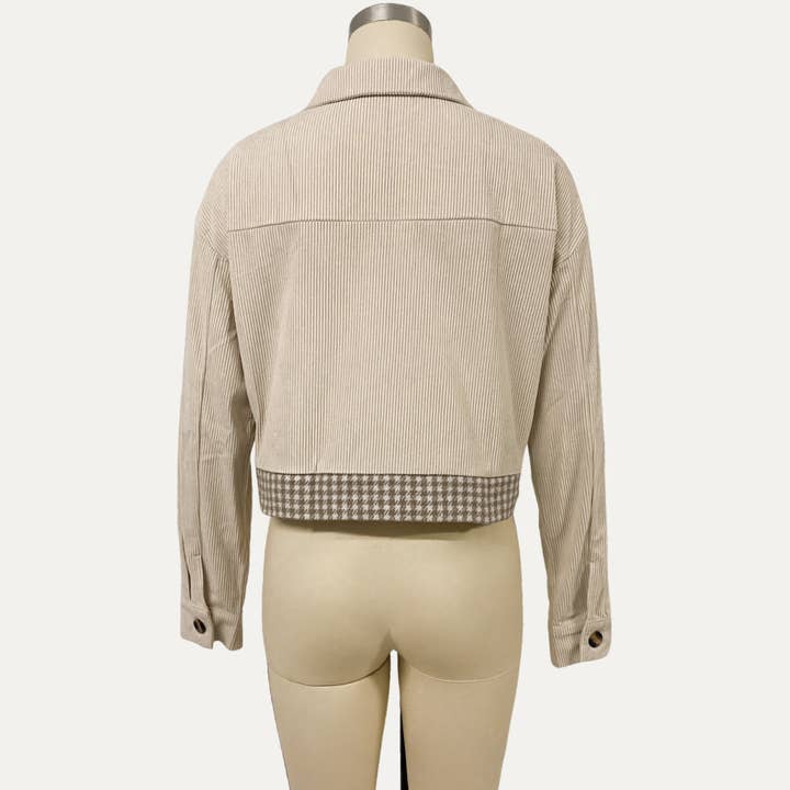 Beige Multi Popular Corduroy Houndstooth Splicing Button-Up Crop Jacket for wholesale on Faire1