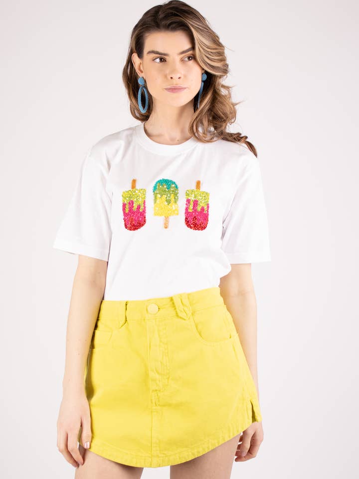 Shimmering Ice-Cream Embellished Cropped White T-shirt for wholesale by Arara