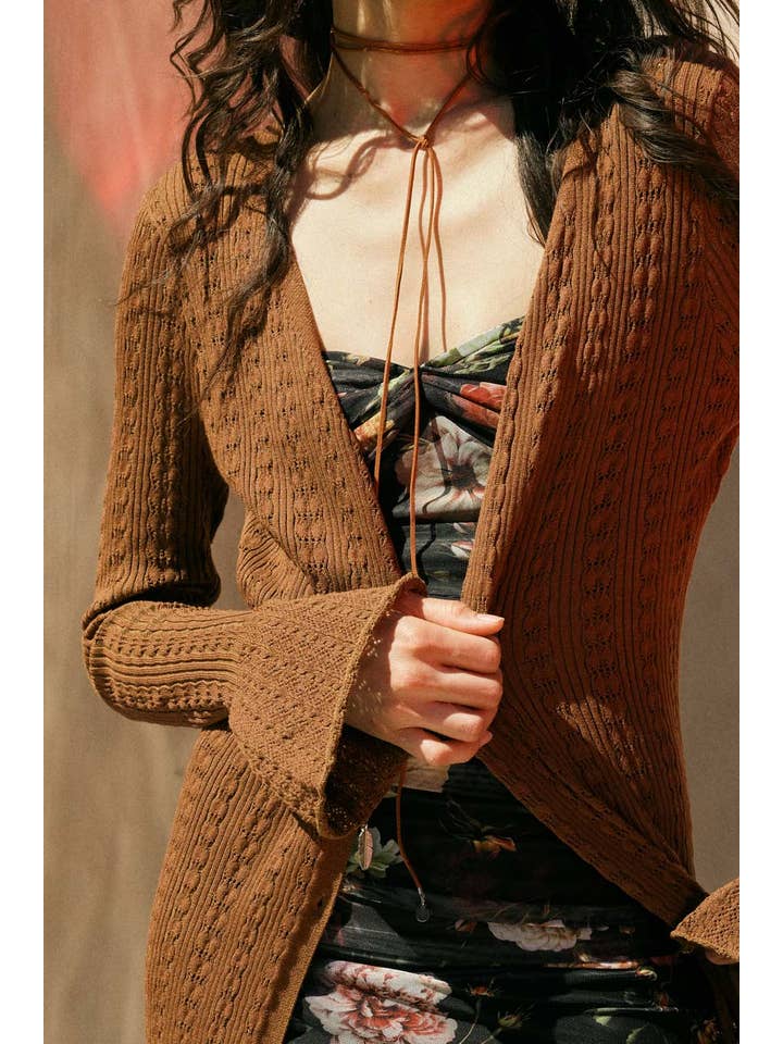 Promesa USA – Engroshandel Cardigan - Dame – Pointelle ribstrikket cardigan med trompetærmer1