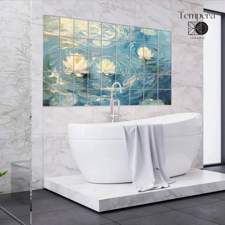 Tegeltableau met waterlelies, Delicaat badkamer muurschildering voor wholesale door Tempera Art