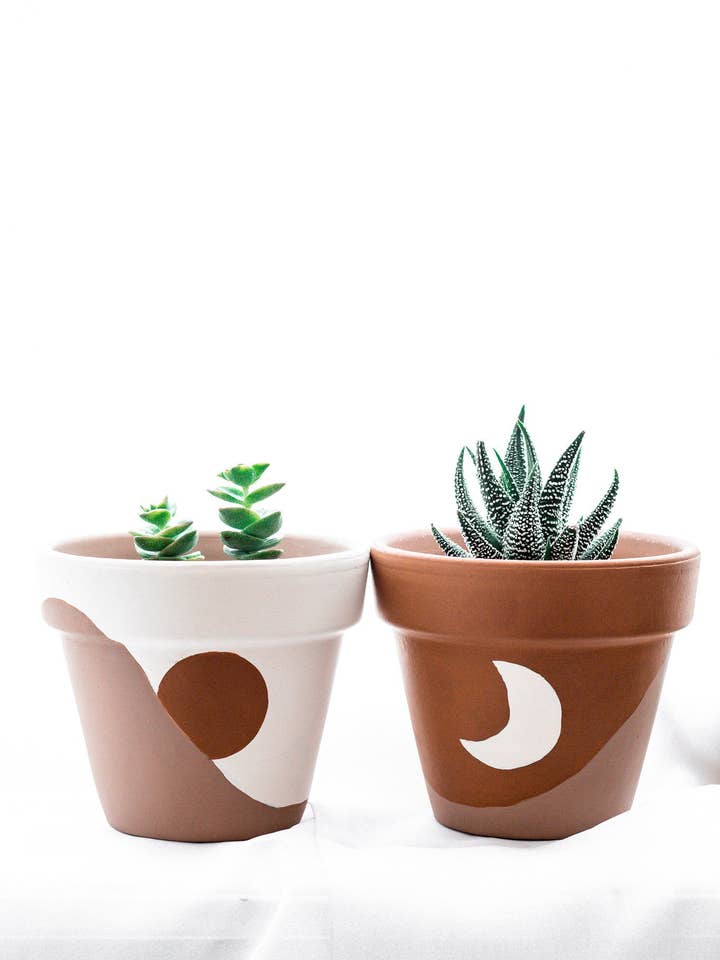 Sun and Moon Hand-Painted Terracotta Pot with Drainage Hole for wholesale by Aloe Painted Pots
