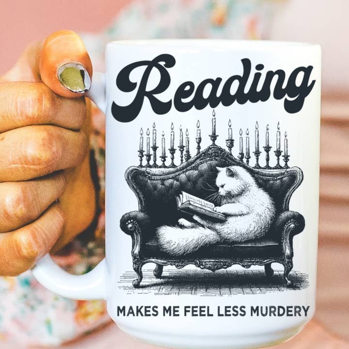 Tazza da caffè con gatto che legge per la vendita all'ingrosso da parte di Ace the Pitmatian Co