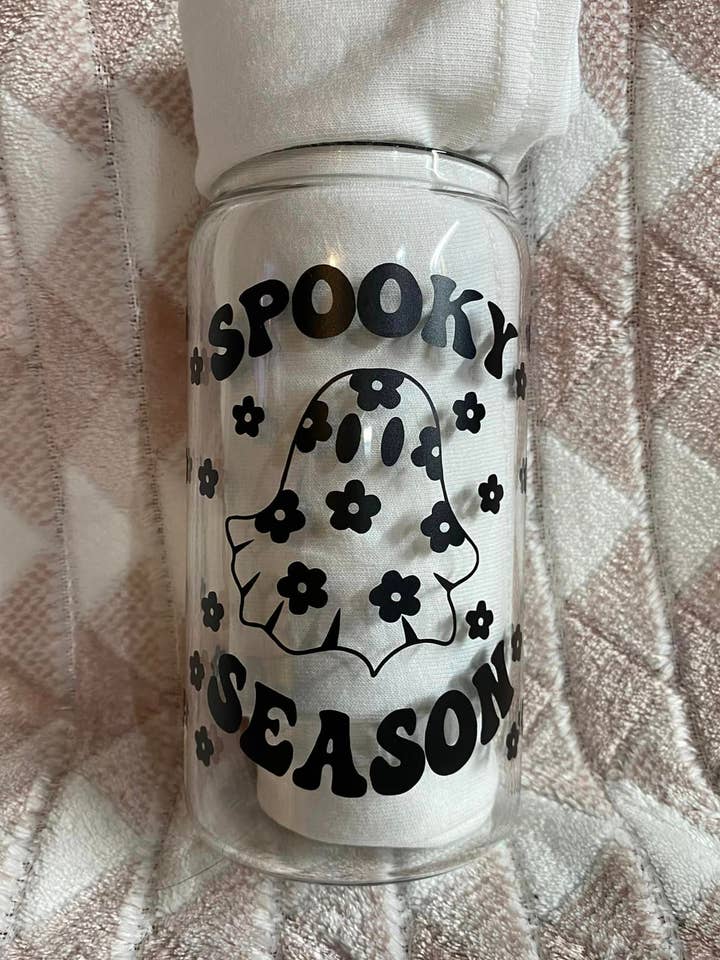 Spooky Season glass cup with lid and straw for wholesale by River Valley Boutique