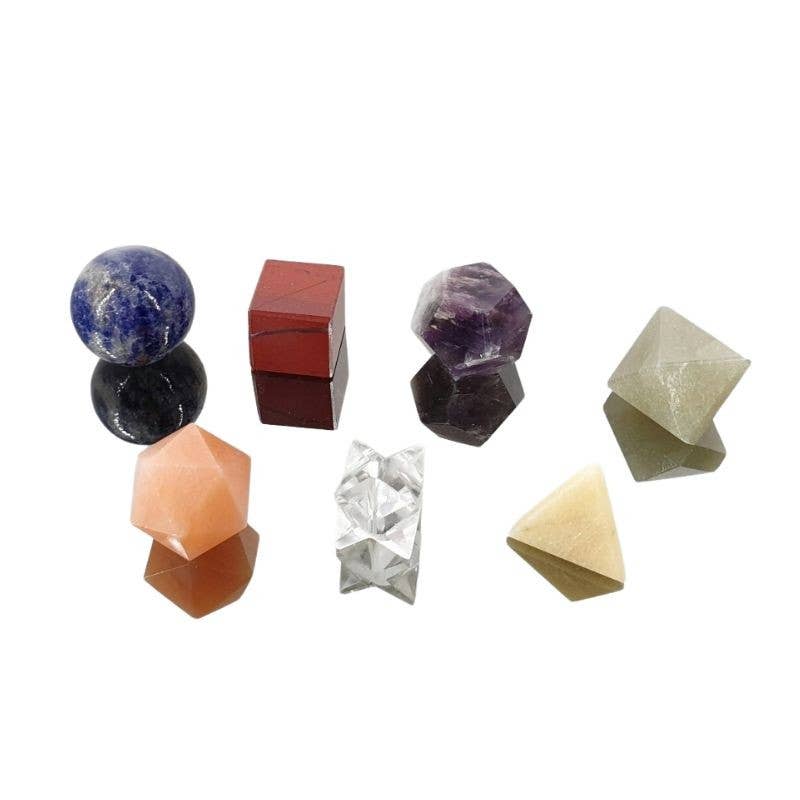 Casa Lotus - Wholesale Spiritual Stone/Crystal - Set of 7 Platonic solids of the Chakras with wooden case0