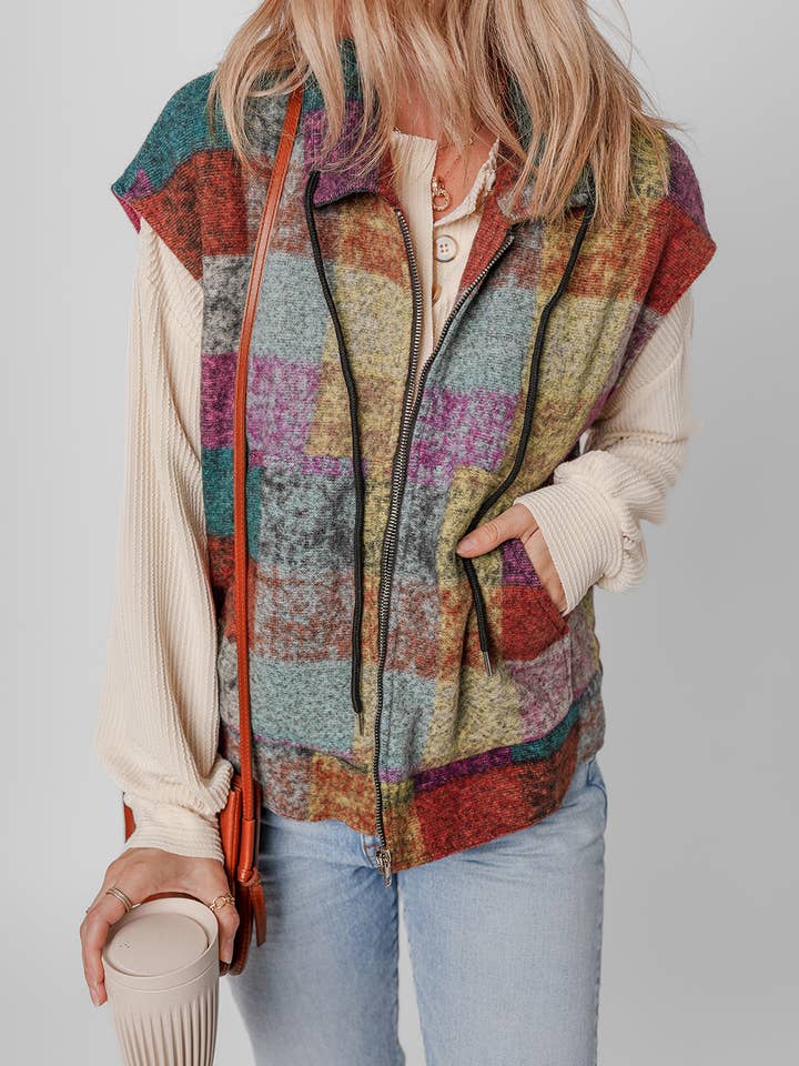 Multicolor FB Plaid Side Pockets Zip Up Vest for wholesale on Faire4