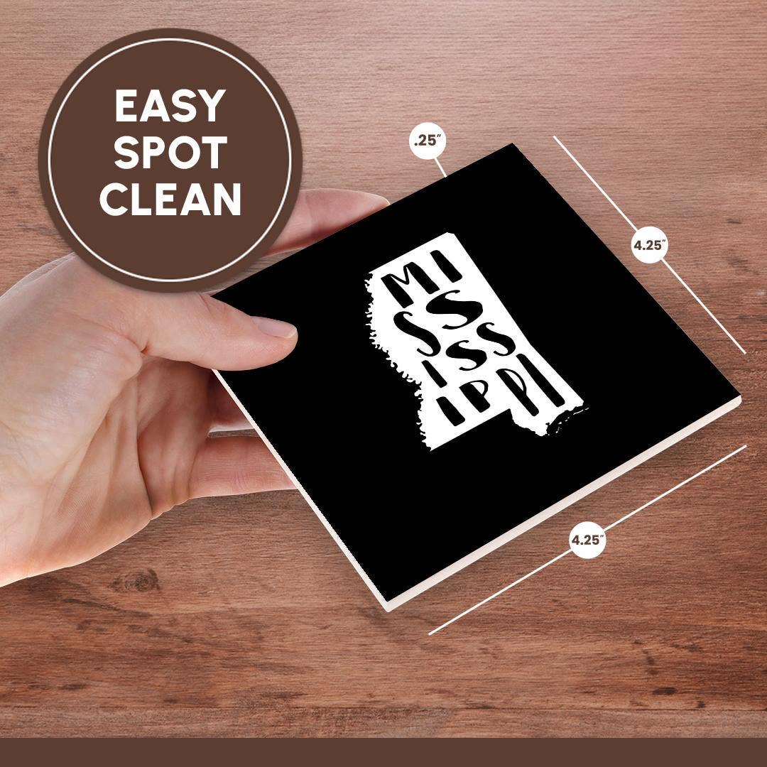 3dRose - Vente Sous-verre - 3dRose, Mississippi écrit à l'intérieur de l'État. Fond noir., Dessous de verre6