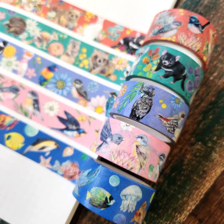 Ruban adhésif en washi représentant des animaux, des oiseaux et des créatures marines d'Australie pour la vente par Watercolour By Cat