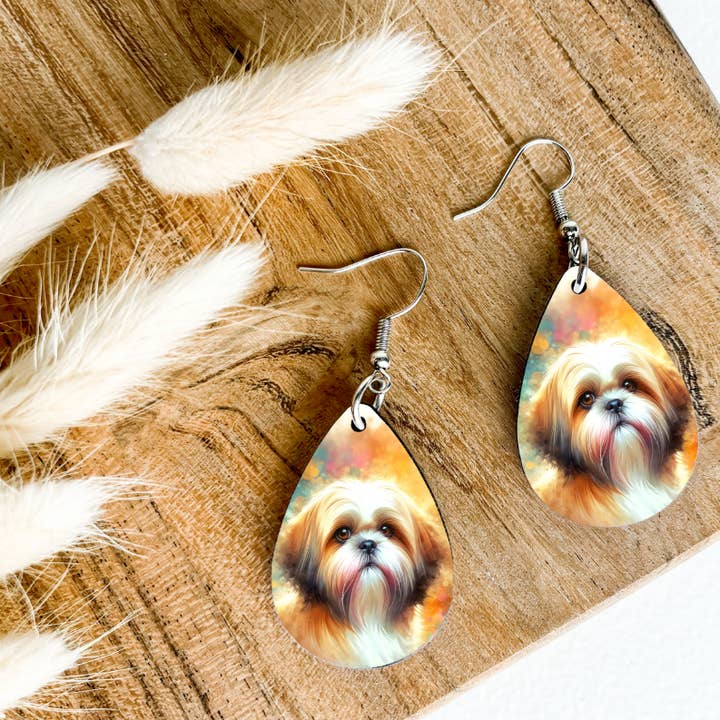 SHIH-TZU dog print dangle teardrop earrings for wholesale by Eartherella Soap & Candle Co., LLC
