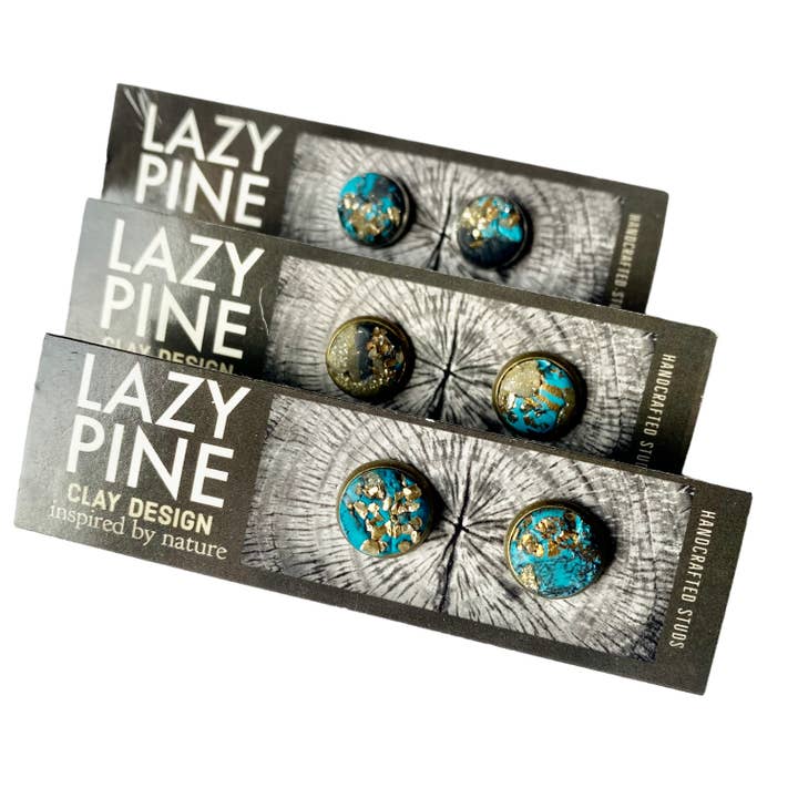 Lazy Pine Clay Design - Wholesale Jewelry Set - Turquoise & Gold Framed Stud Sets2
