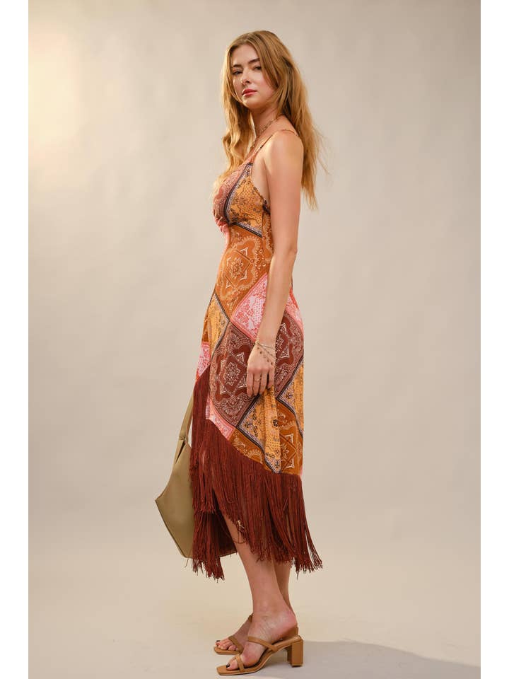 MULTI 37146D Patchwork Asymmetrical Fringe Hem Maxi Dress for wholesale on Faire6