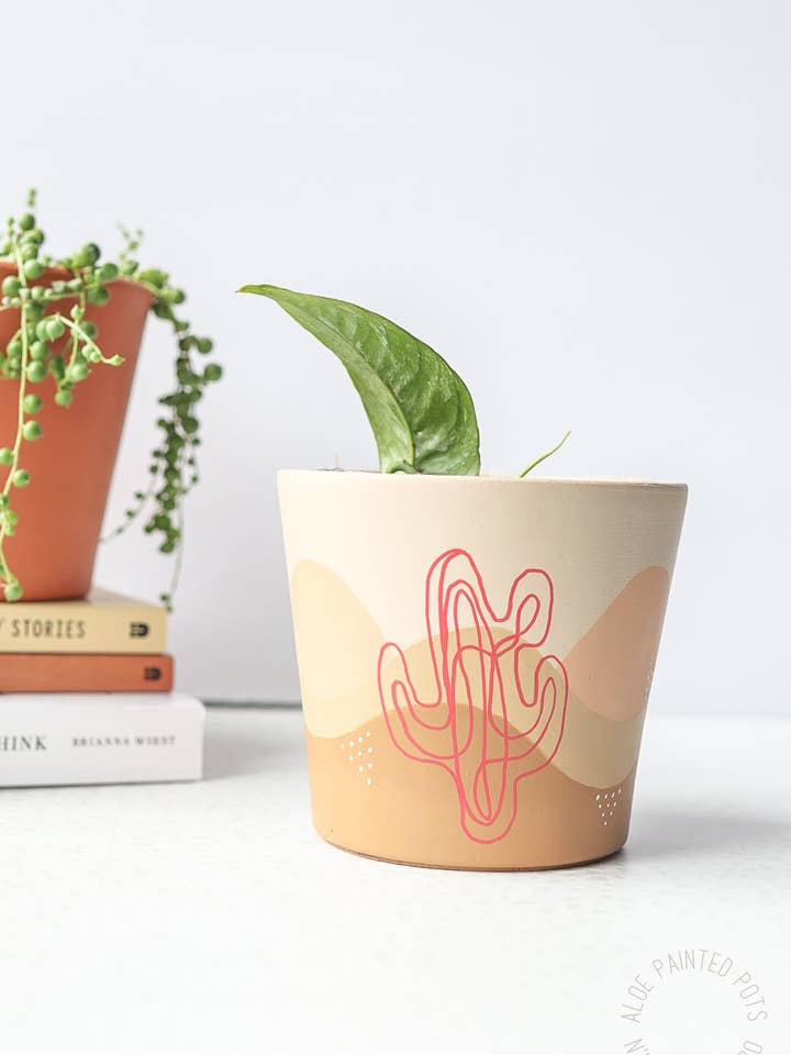 Boho Cacti Hand Painted Terracotta Pot with Drainage Hole for wholesale by Aloe Painted Pots