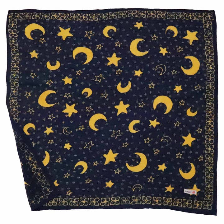 Bandana Batik Tulis entièrement dessiné à la main authentique, 100 % coton doux, bleu céleste, lune et étoile pour la vente par Kasih Co-op