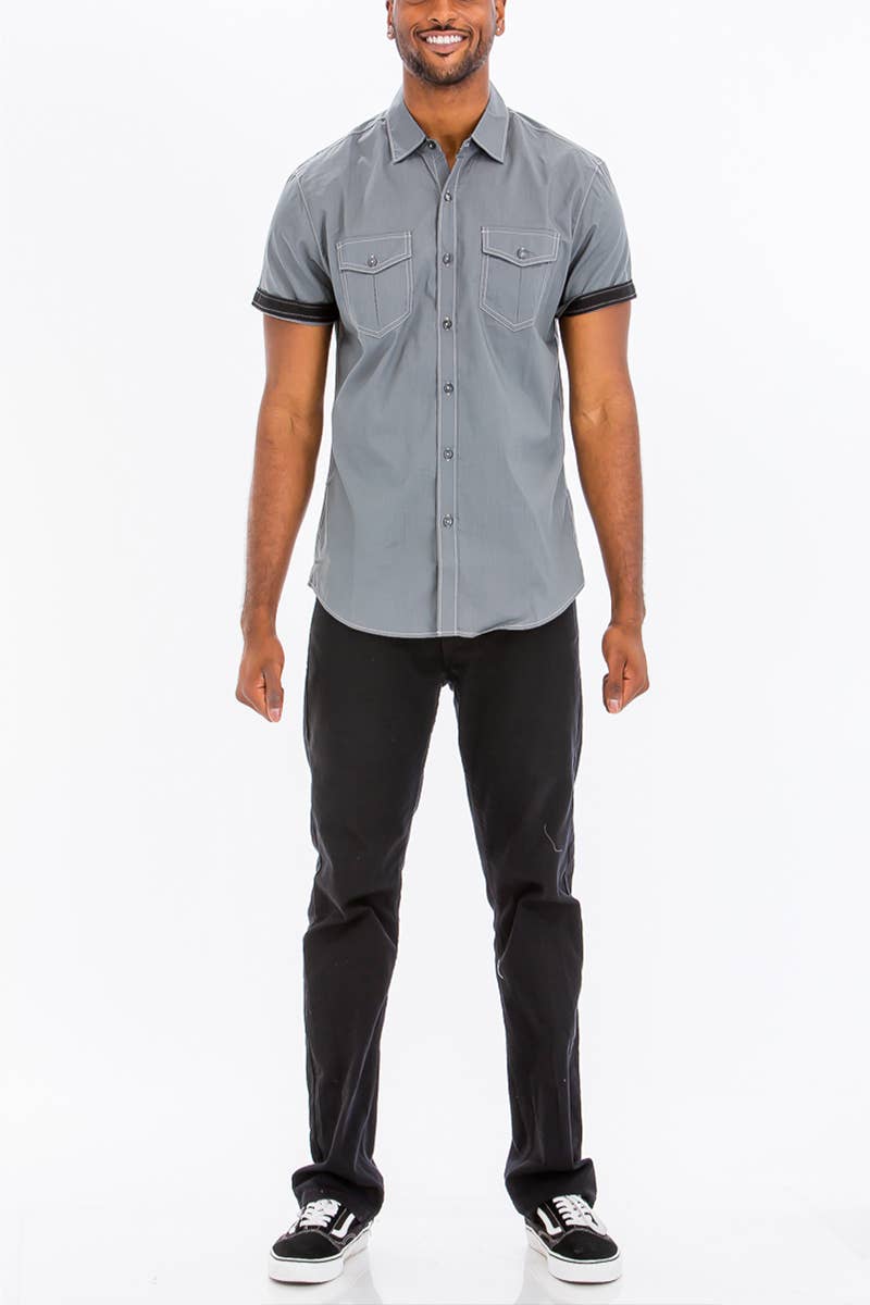 WEIV - Wholesale Button Down Shirt - Men's - Mens Stitch Outline Short Sleeve Button Down Shirt6