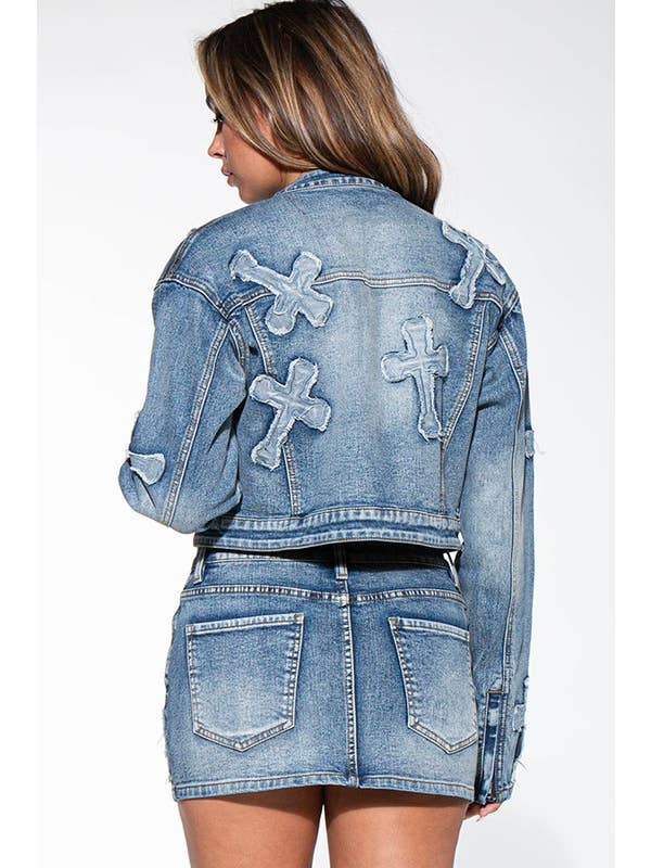 Medium Wash Cross Patch Zip Up Denim Jean Moto Jacket for wholesale on Faire
