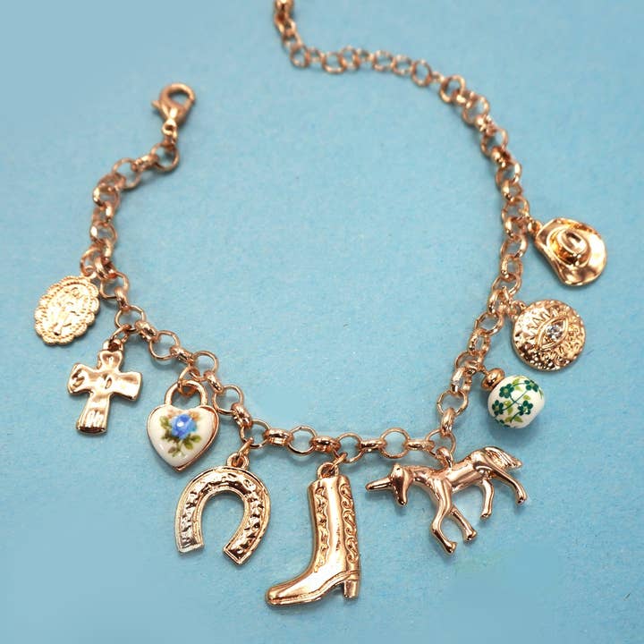 GOLD CHARM BRACELET - WESTERN BOOT CROSS PORCELAIN | 80B1345 for wholesale on Faire1