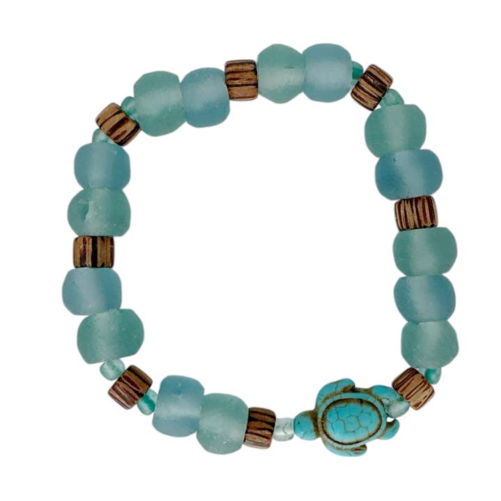 Recycled Sea Beach Glass Wood Bead Stretch Bracelet Turtle for wholesale by Maka Imports