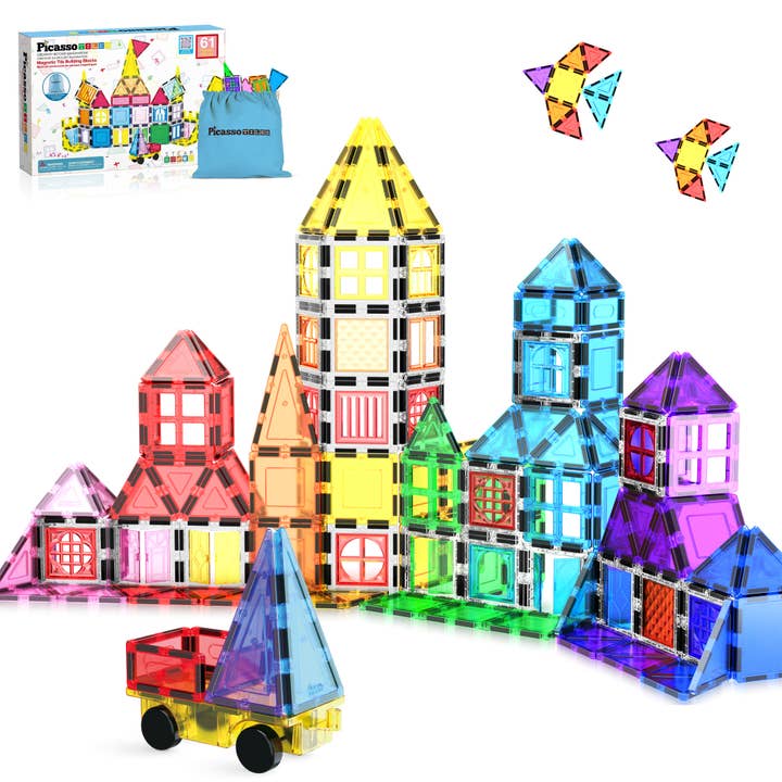 PicassoTiles - Wholesale Toy Set - Kids - Magnetic Tile With Winows And Doors Building Blocks - 61 Pcs