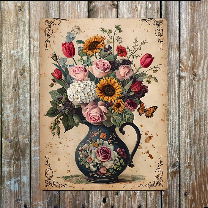Jarro de Cerâmica com Arranjo Floral Vintage | Placa de Metal por atacado de The British Metal Signs Company