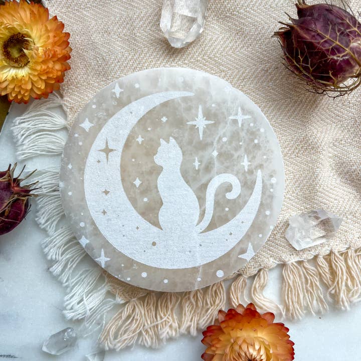 Fractalista Designs - Wholesale Crystal Charging Plate - "Moon Cat" Halloween Selenite Charging Plate Spooky Decor